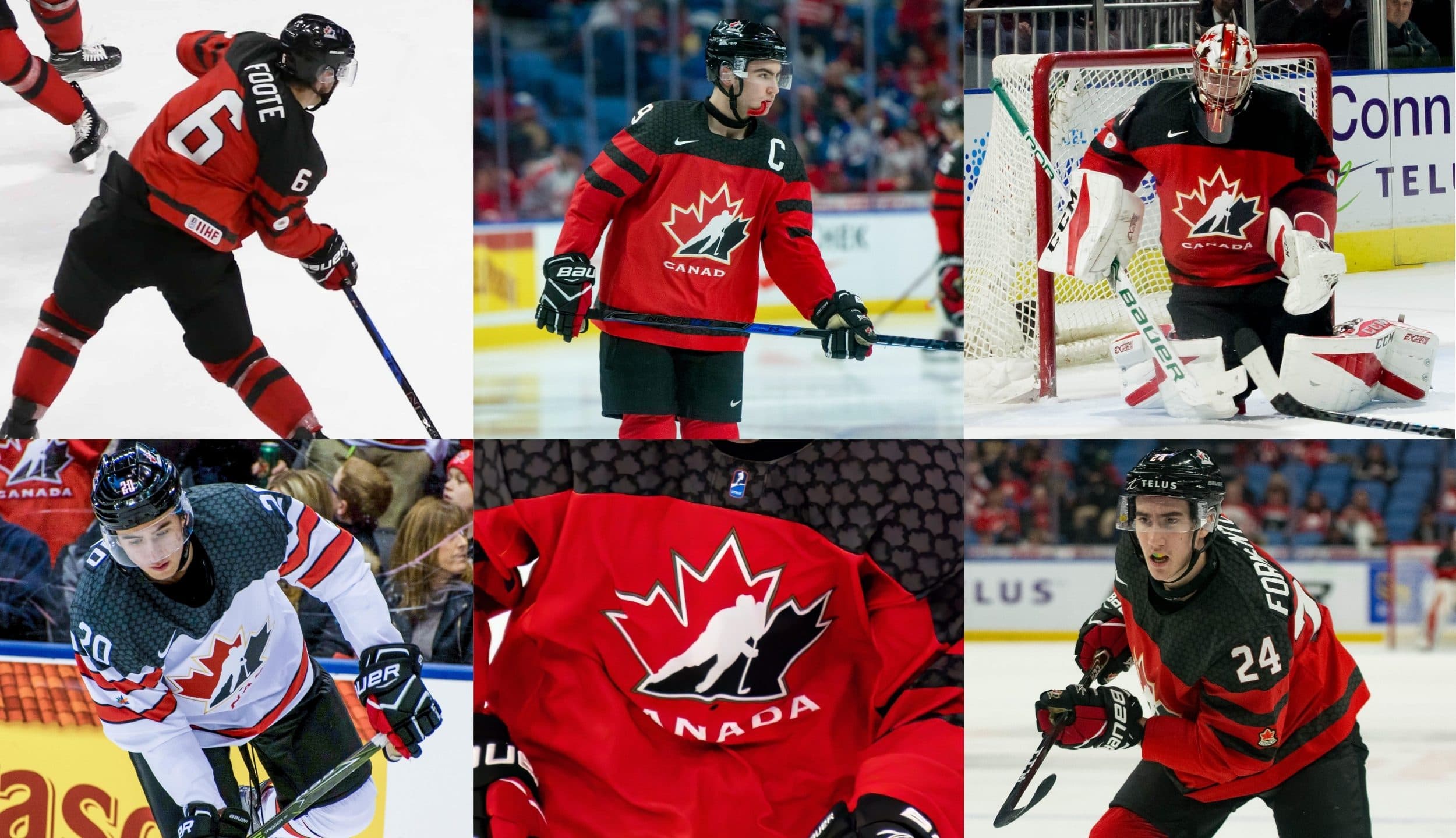 Cal Foote, Dillon Dube, Carter Hart, Michael McLeod and Alex Formenton from the 2018 World Juniors