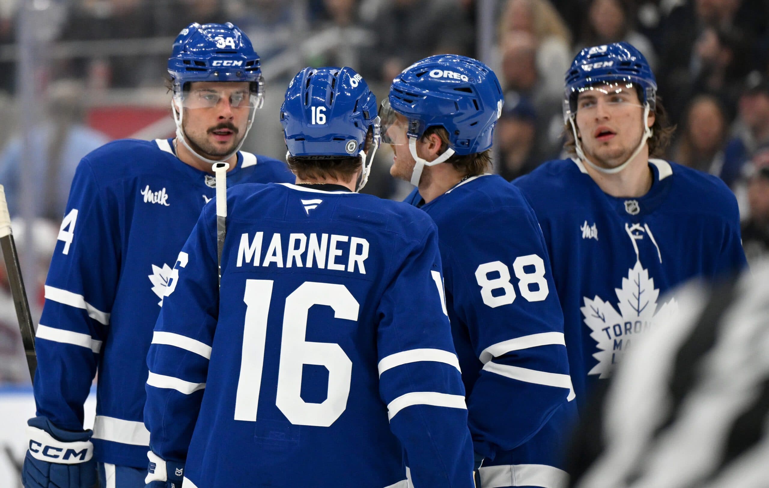Auston Matthews, Mitch Marner, William Nylander and Matthew Knies